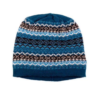 Hand Knit 100% Baby Alpaca Hat in Blue Shades from Peru