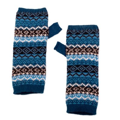 100% Baby Alpaca Knit Fingerless Mitts in Blue from Peru