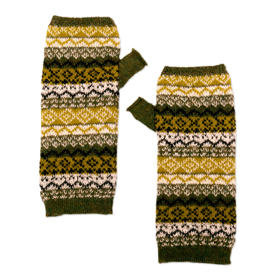 100% Baby Alpaca Knit Fingerless Mitts in Green from Peru