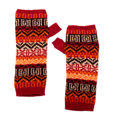 100% Baby Alpaca Knit Fingerless Mitts in Red from Peru