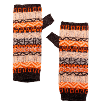 Grey Orange 100% Baby Alpaca Knit Fingerless Mitts from Peru