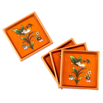 Set of 4 Nature-Themed Orange Reverse-Painted Glass Coasters