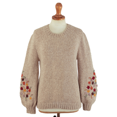 Beige Alpaca Blend Pullover Sweater with Floral Embroidery