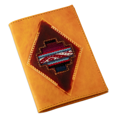 Chakana-Themed Orange Leather Passport Cover from Peru