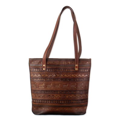 Leather Shoulder Bag in Brown with Embossed Andean Motifs