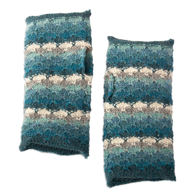 Striped Peacock-Toned 100% Baby Alpaca Fingerless Mitts
