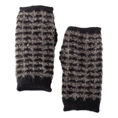 Square-Pattern Black and Grey Alpaca Blend Fingerless Mitts