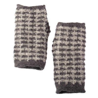 Square-Patterned Grey-Toned Alpaca Blend Fingerless Mitts