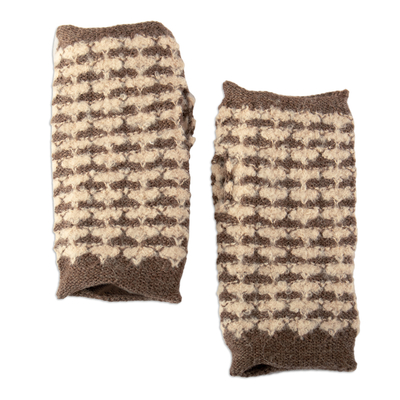 Square-Pattern Ivory and Taupe Alpaca Blend Fingerless Mitts