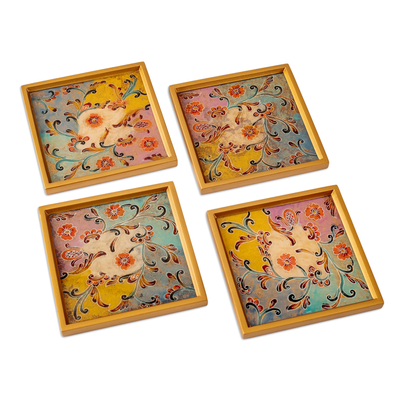 Floral Colorful Reverse Painted Glass Coasters (Set of 4)