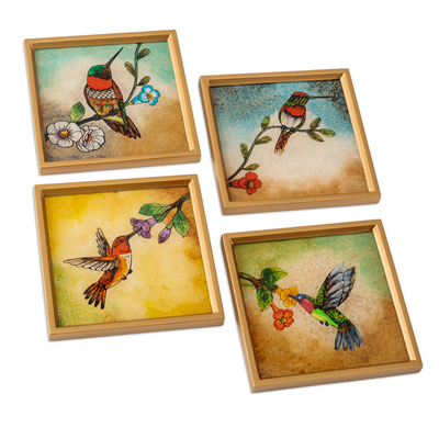 Bird-Themed Reverse-Painted Glass Coasters (Set of 4)