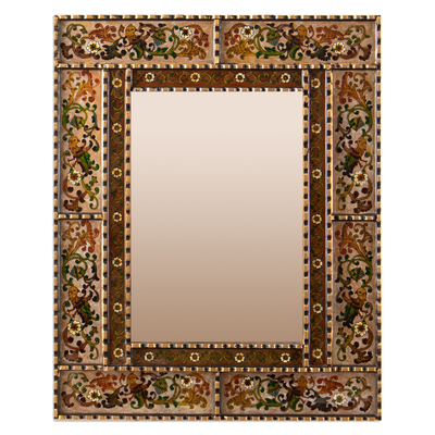 Ivory and Brown Reverse Painted Glass Framed Wall Mirror