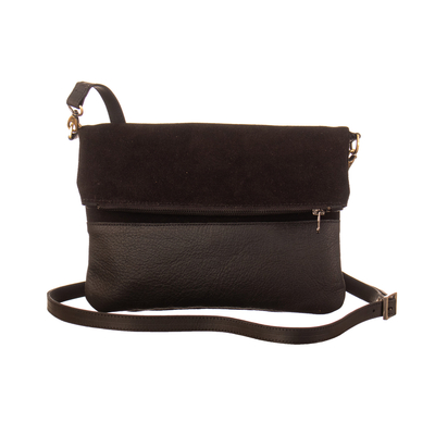 Black Suede and Leather Sling Bag with Adjustable Straps