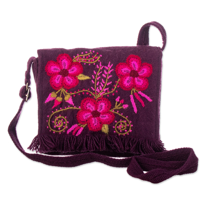 Hand-Woven & Embroidered Purple Sling Bag with Floral Accent