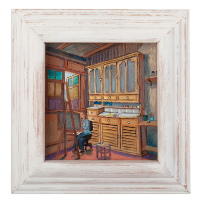 Oil on Canvas Scene of Woman Painting with Cedarwood Frame