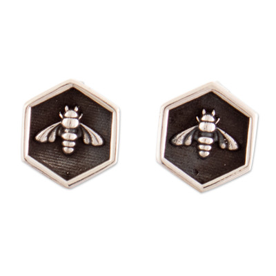 Darkened and Polished Sterling Silver Bee Stud Earrings