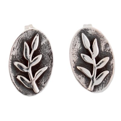 Sterling Silver Button Earrings with Relief Leaf Motif
