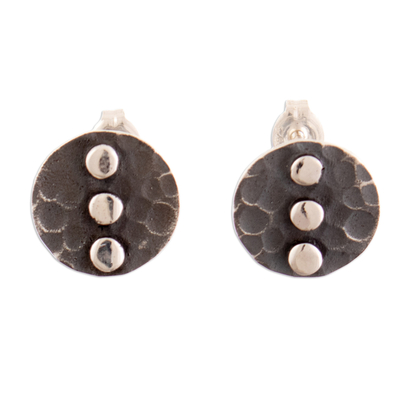 Oxidized and Polished Round Sterling Silver Button Earrings