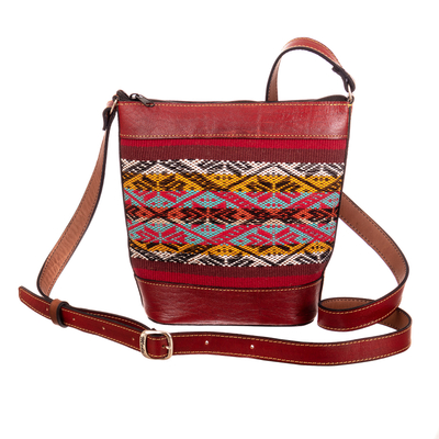 Red Leather Bucket Bag with Handwoven Alpaca Blend Accent