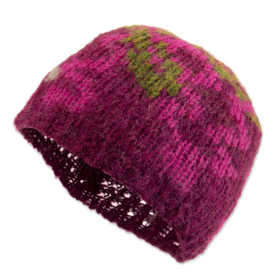 Knit Alpaca Blend Hat in Burgundy Pink Green and Yellow Hues