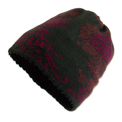 100% Baby Alpaca Floral and Leaf Hat in Moss and Magenta