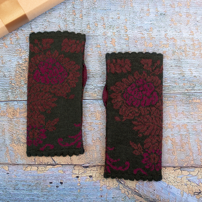 100% Baby Alpaca Green Floral and Leaf Fingerless Mittens