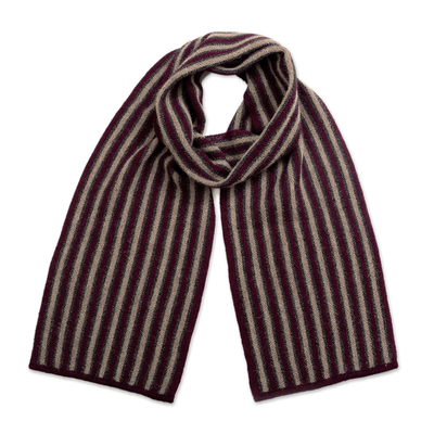 Soft Striped 100% Alpaca Scarf in Bordeaux and Grey Hues