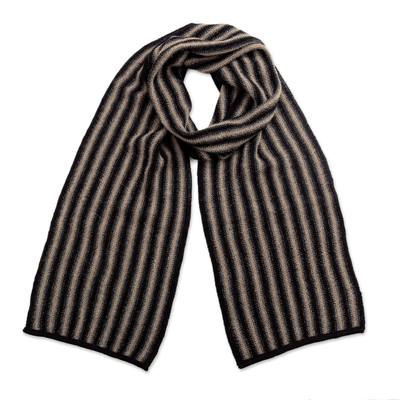 Soft Striped 100% Alpaca Scarf in Dark Taupe and Grey Hues