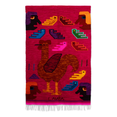 Handwoven Traditional Rooster-Themed Fuchsia Wool Tapestry