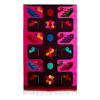 Handwoven Duck and Flower-Themed Fuchsia Wool Tapestry