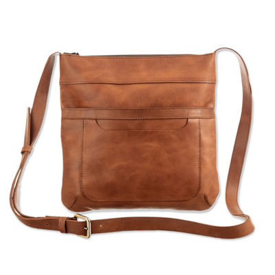 Adjustable Brown Leather Sling Bag with Zipper Closure