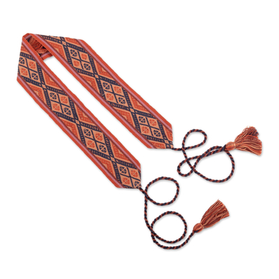 Handwoven Patterned Red and Orange Cotton Belt with Tassels