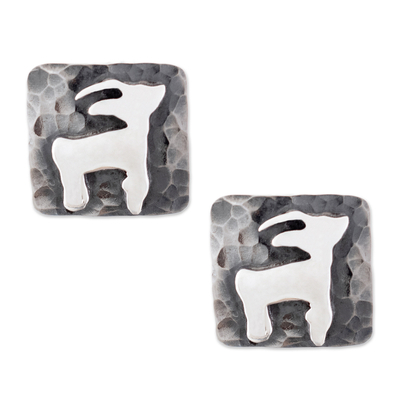 Sterling Silver Button Earrings with Relief Deer Motif