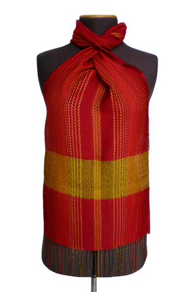 Handloomed Classic Red and Yellow Baby Alpaca Blend Scarf
