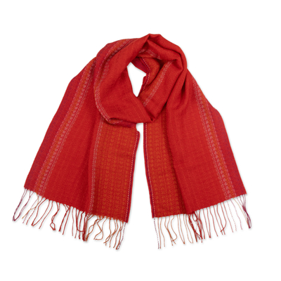Handloomed Red and Orange Baby Alpaca Blend Fringed Scarf