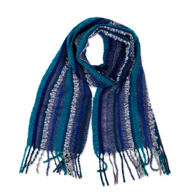 Turquoise and Blue Soft Baby Alpaca Blend Scarf with Fringes