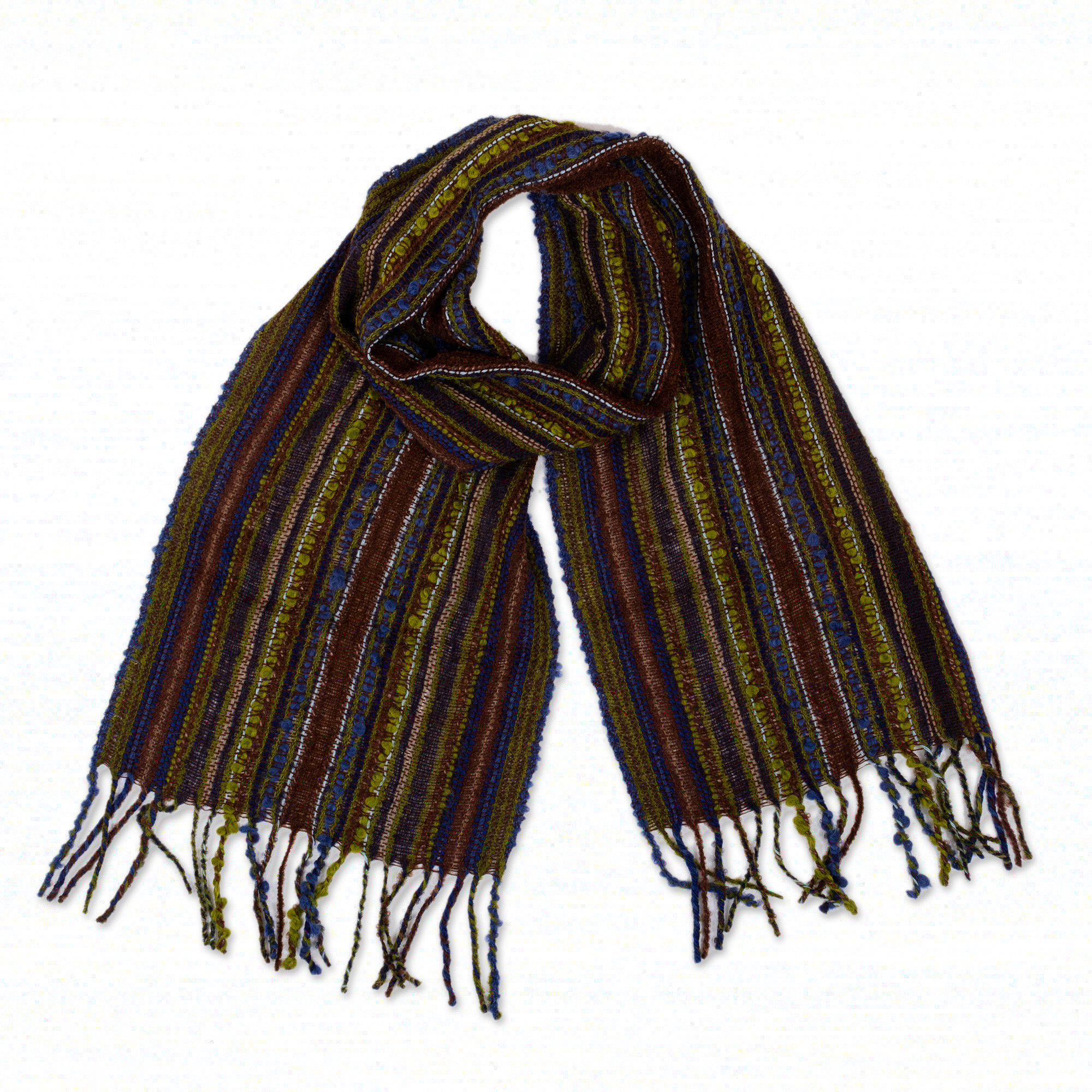 Handwoven Striped Green and Brown Baby Alpaca Blend Scarf