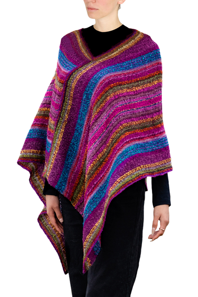 Purple and Blue Poncho Made from Baby Alpaca Blend in Peru