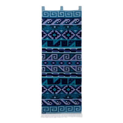 Loomed Geometric-Patterned Blue and Cerulean Wool Tapestry