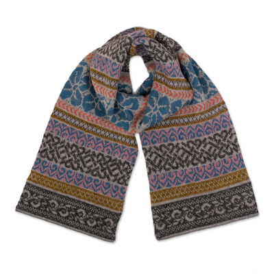 Floral and Geometric-Patterned Multicolor 100% Alpaca Scarf
