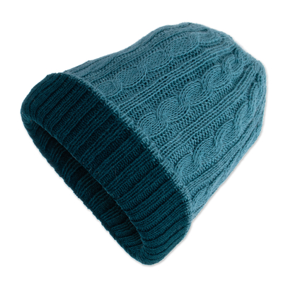 Reversible 100% Alpaca Cable Knit Hat in Teal and Green