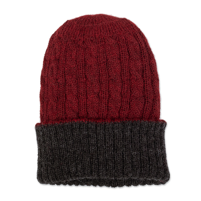 Reversible 100% Alpaca Cable Knit Hat in Red and Grey