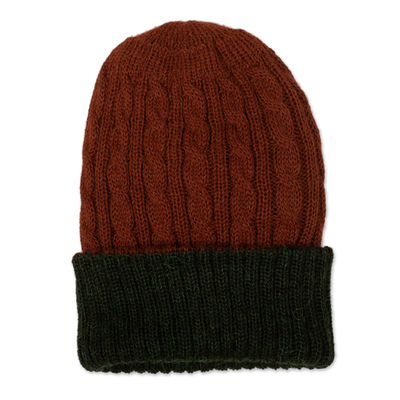 Reversible 100% Alpaca Cable Knit Hat in Brown and Green