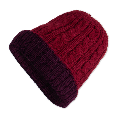Reversible 100% Alpaca Cable Knit Hat in Burgundy and Red