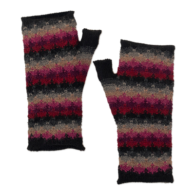 Knit Black Grey and Purple 100% Baby Alpaca Fingerless Mitts