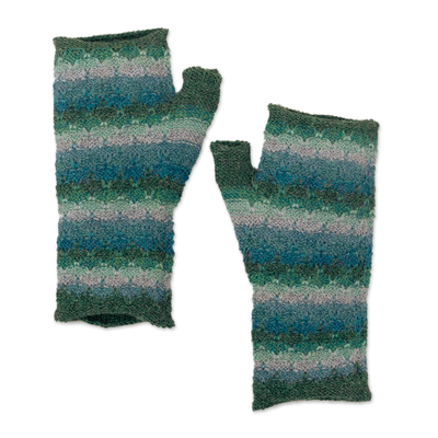 Knit Turquoise Blue Green 100% Baby Alpaca Fingerless Mitts