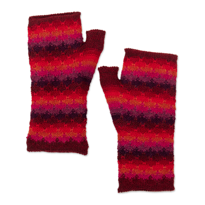 Knit Red Brown and Purple 100% Baby Alpaca Fingerless Mitts