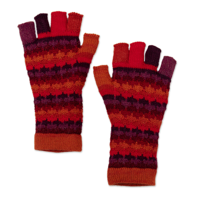 Knit Red Brown and Purple 100% Baby Alpaca Fingerless Gloves