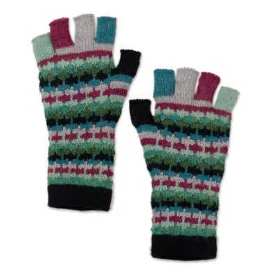 Colorful 100% Baby Alpaca Fingerless Gloves Knitted in Peru