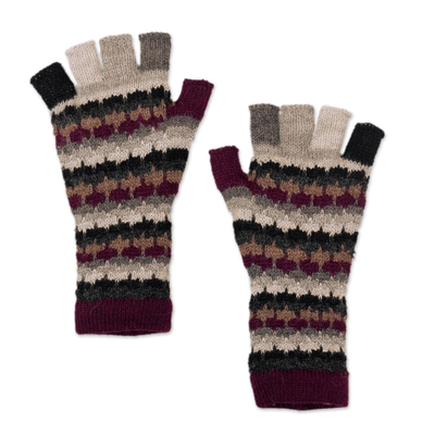 Knit Purple Black Grey 100% Baby Alpaca Fingerless Gloves